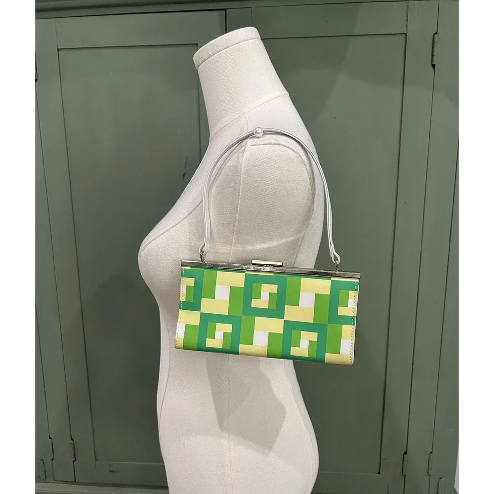Vintage Claires Icing‎ Y2K Mini Shoulder Bag Purse Kiss Lock Green Geo 00s Bratz